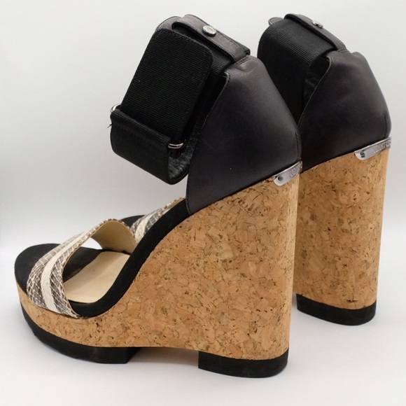 Jimmy Choo Neston Snake Cork Wedge Sandals 38.5 Black Snakeskin Leather - Picture 12 of 16